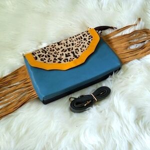 Folklore Couture multicolored and Leopard print fringed bag NWT